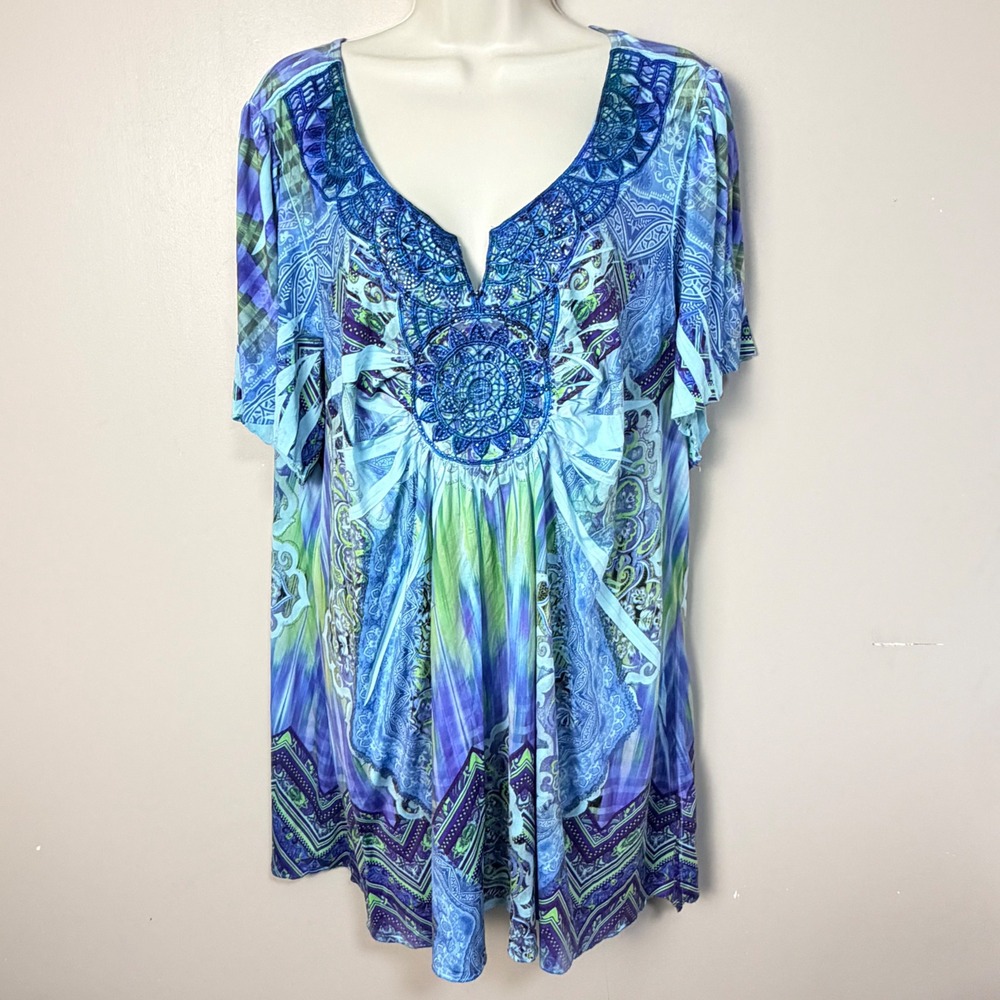 Live and Let Live Women Top 2X Blue Paisley Beaded Embroidered Boho VNeck Blouse